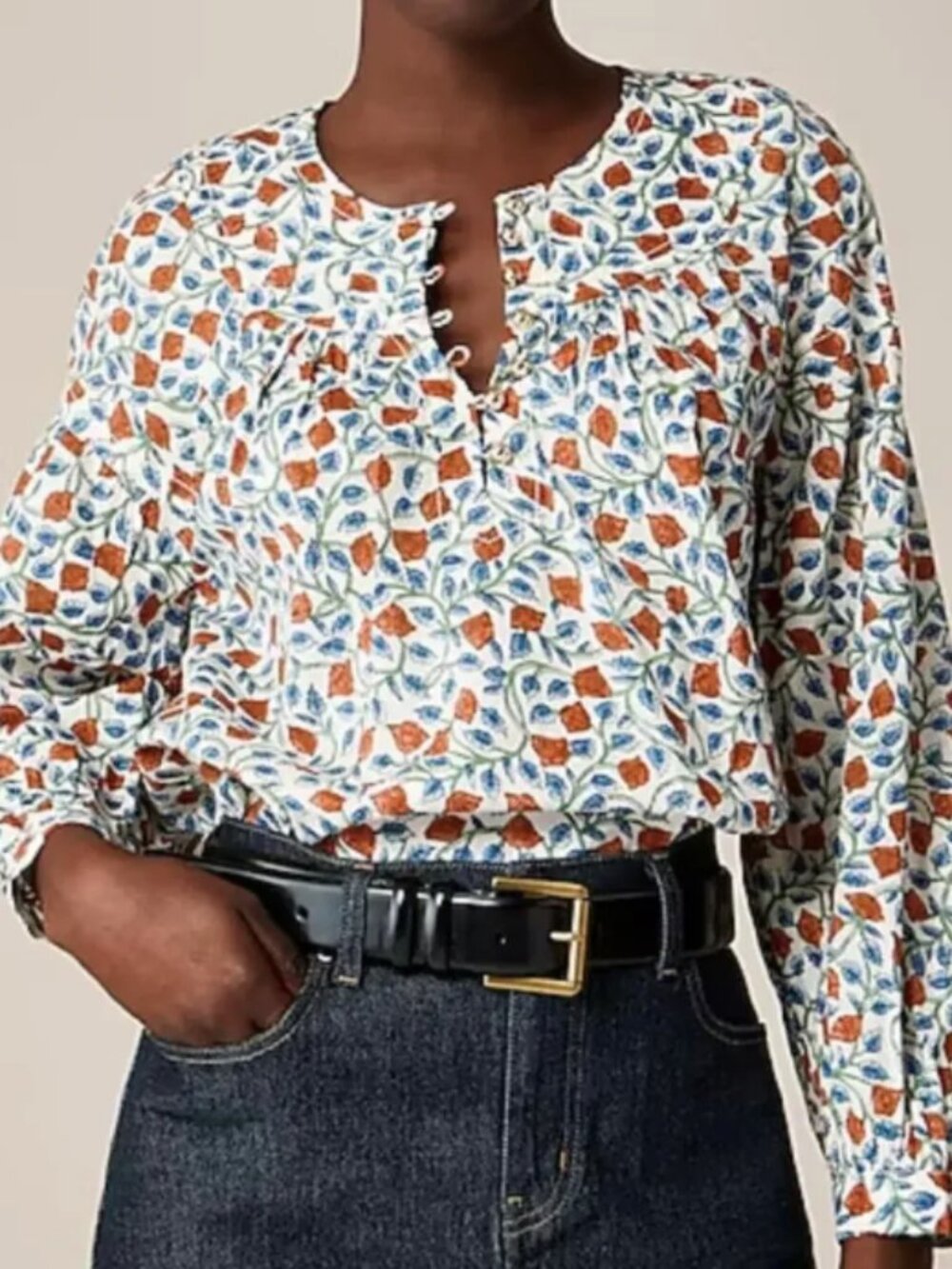J Crew Shirred Popover, Long Sleeve, Rosewood Floral, Size M